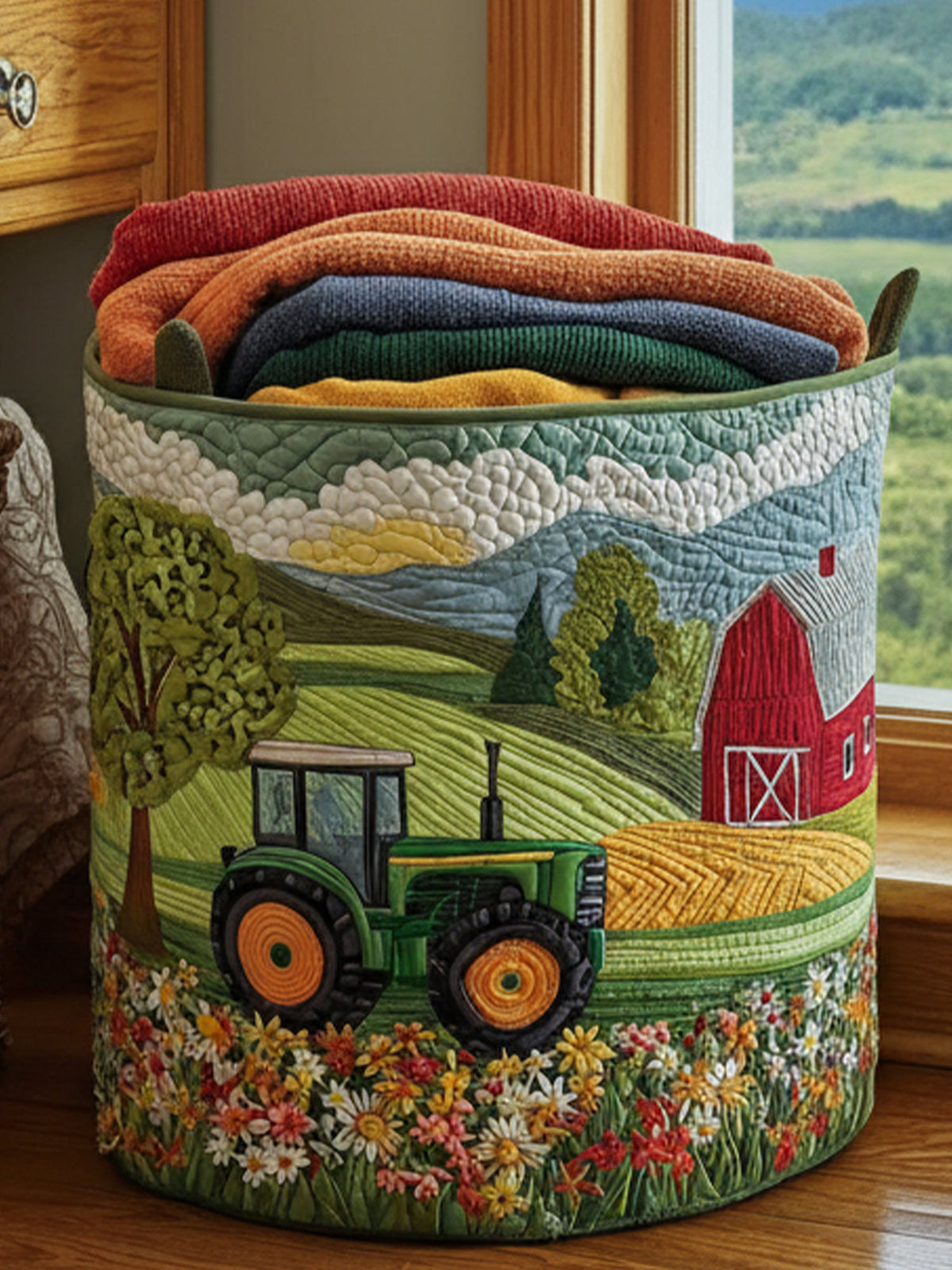 Green Tractor Dream Quilted Laundry Basket